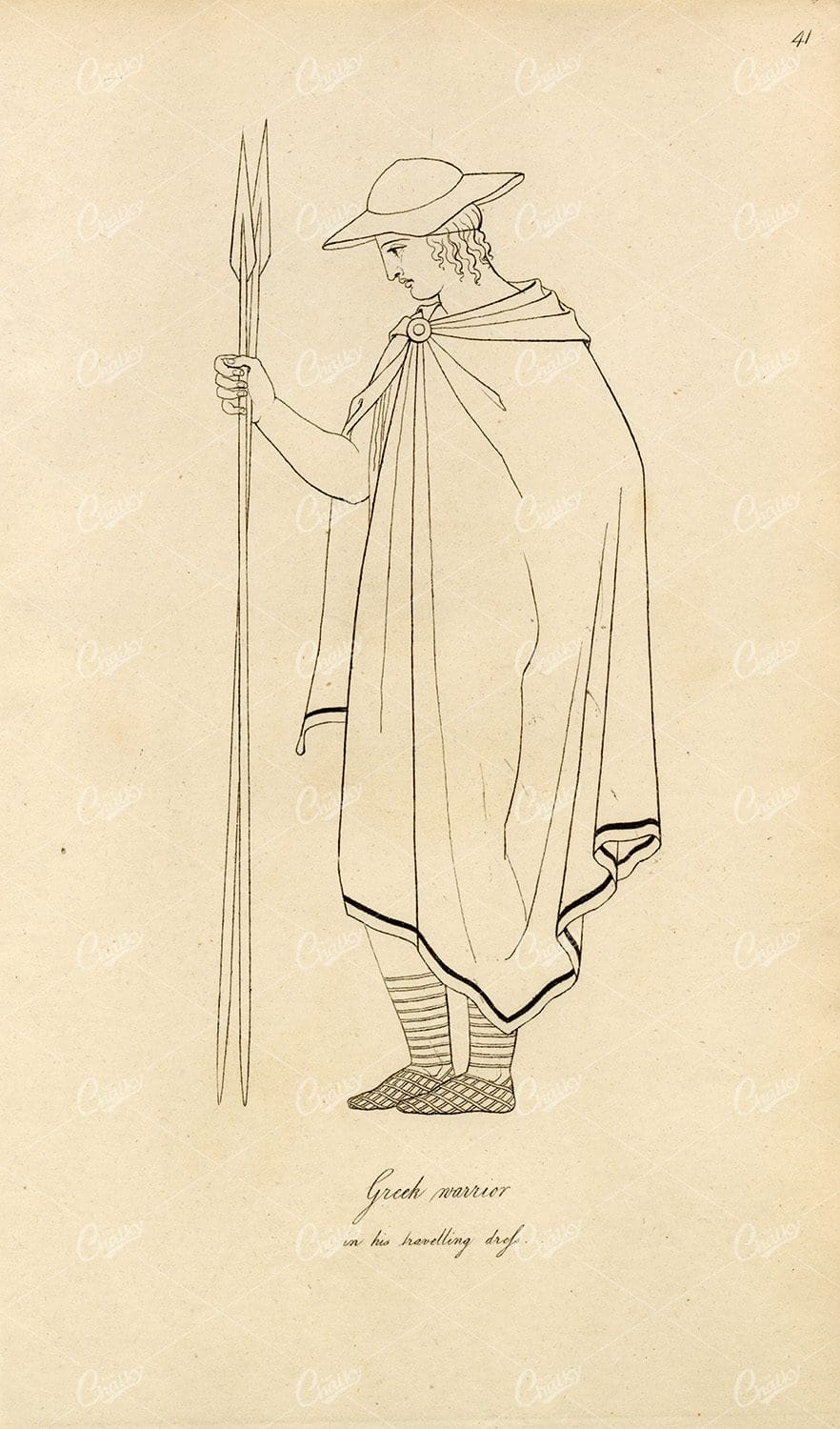 ANTIQUE Ancient Costume Print - Greek Warrior in Travelling Dress