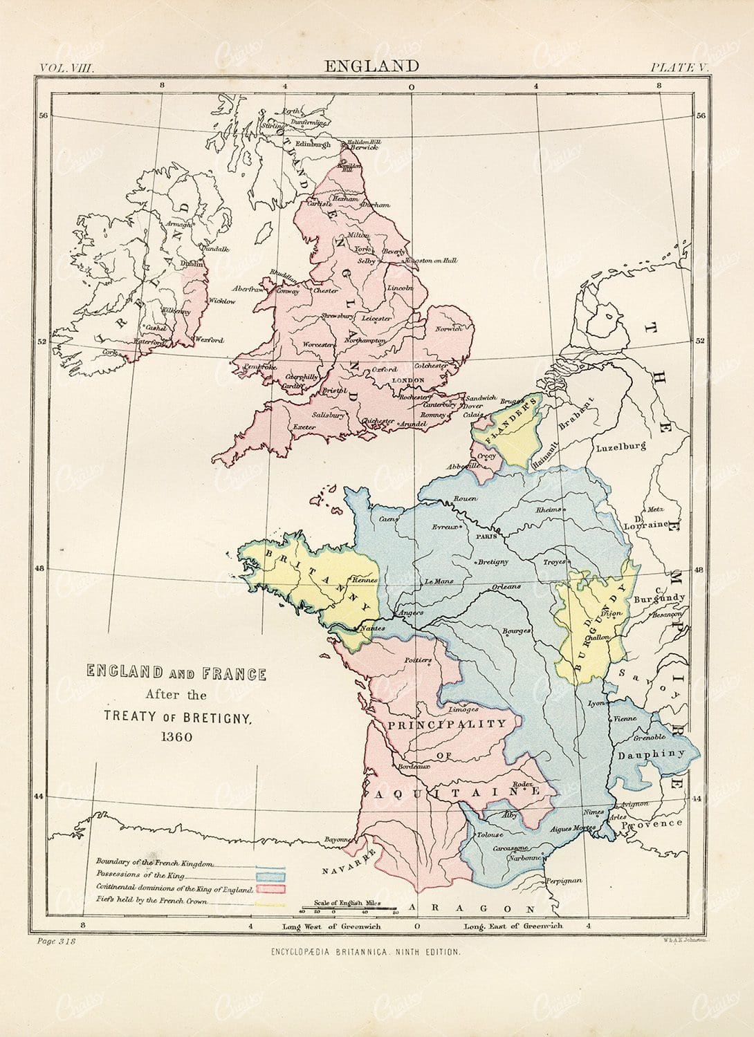 England and France Vintage map - Encyclopedia Britannica
