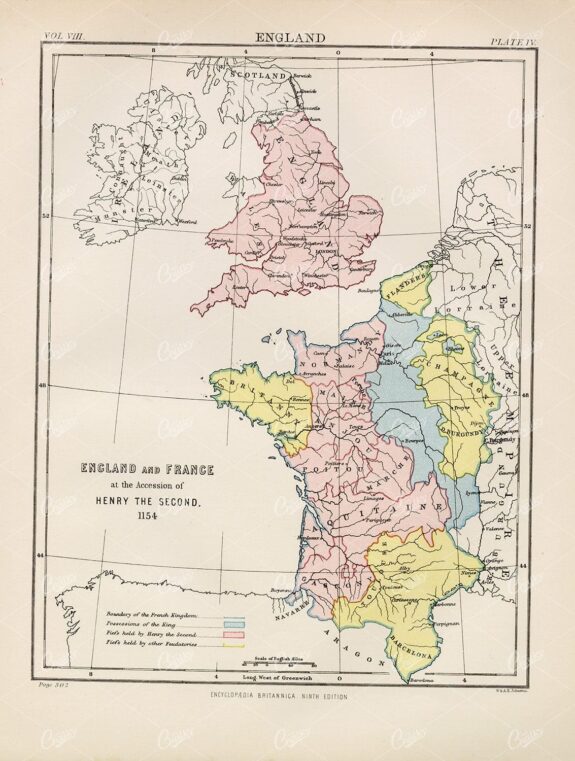 England and France Vintage map - Encyclopedia Britannica