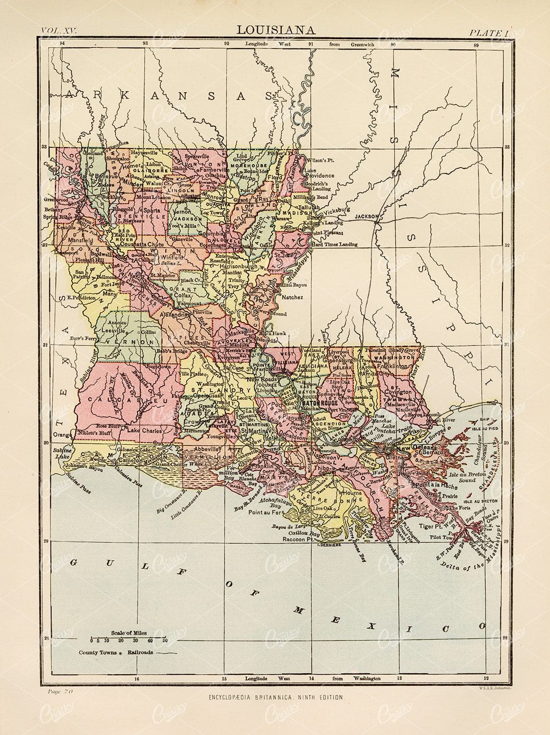 Antique map of Louisiana - Encyclopedia Britannica 1880