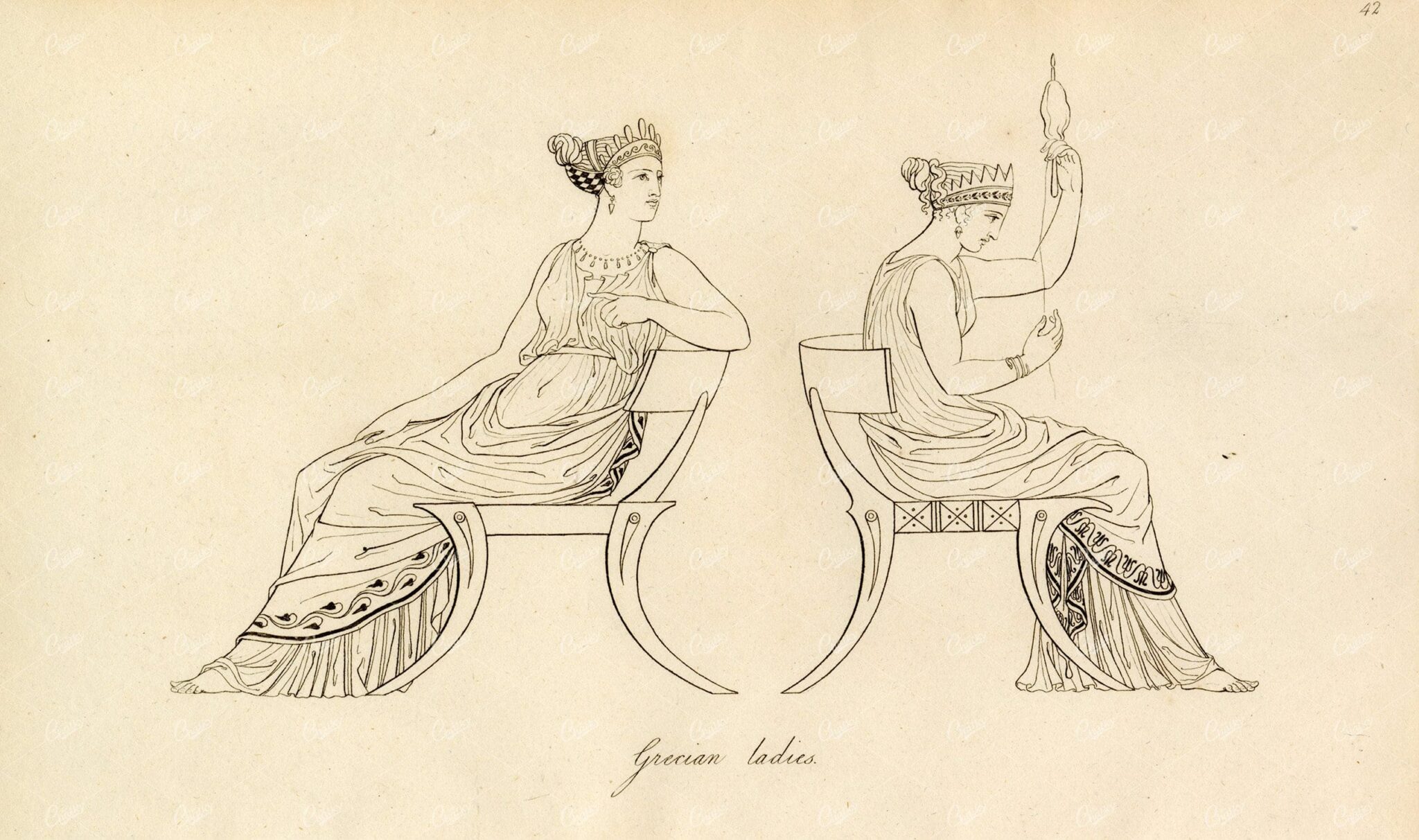 ANTIQUE Ancient Costume Print - Grecian Ladies on Chairs