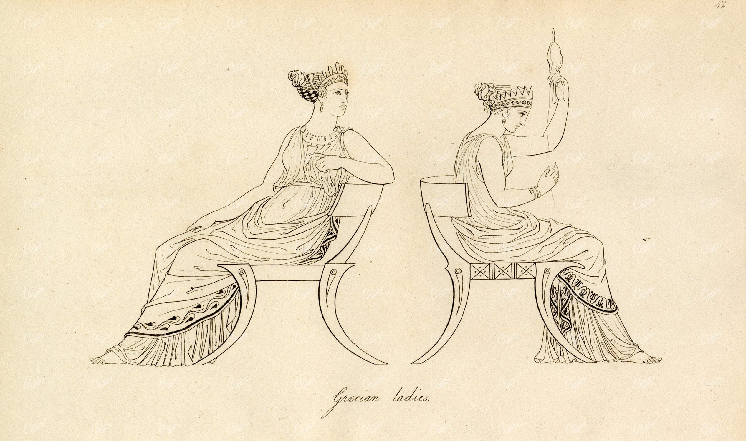 ANTIQUE Ancient Costume Print - Grecian Ladies on Chairs