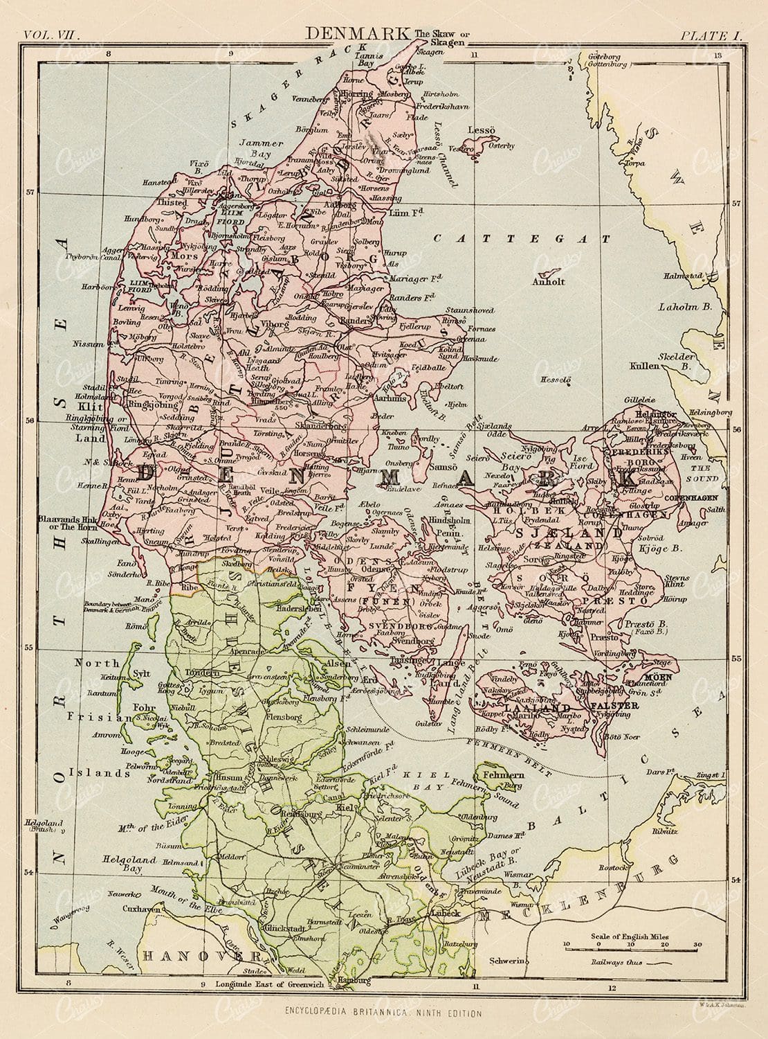 Vintage Map of Denmark - 1880 Encyclopedia Britannica