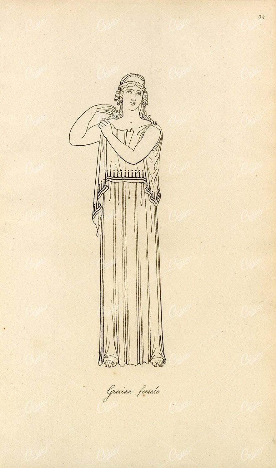 ANTIQUE Ancient Costume Print - Grecian Female in Dress