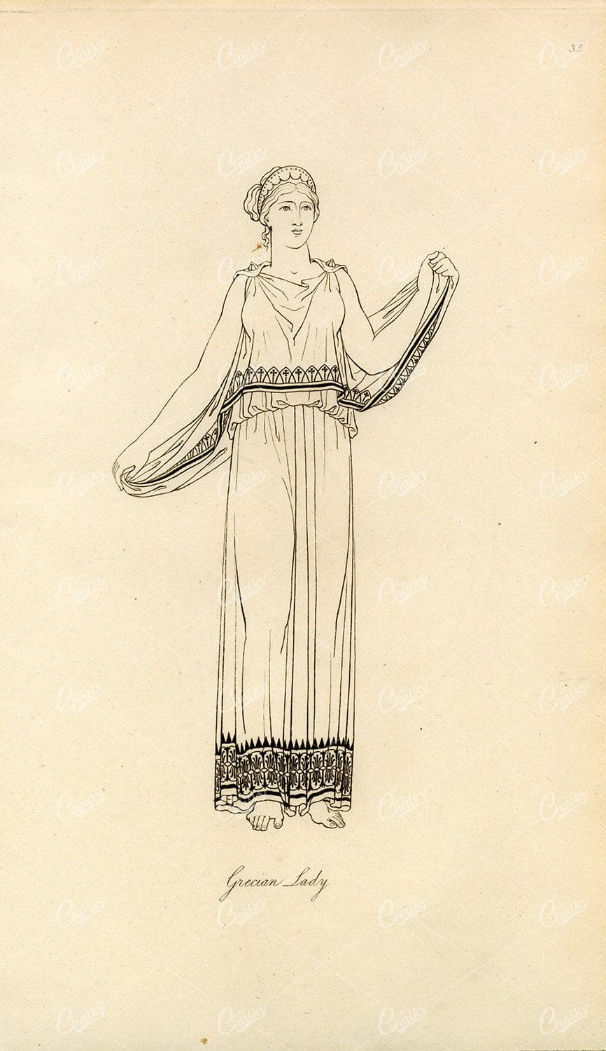 ANTIQUE Ancient Costume Print - Grecian Lady in Dress