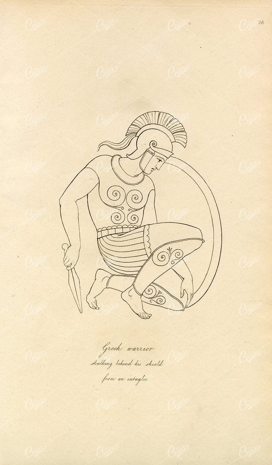 ANTIQUE Ancient Costume Print - Greek Warrior Skulking Behind Shield