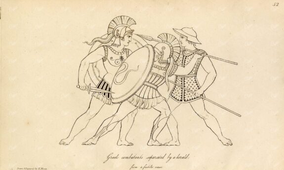 ANTIQUE Ancient Costume Print - Greek Warriors in Combat