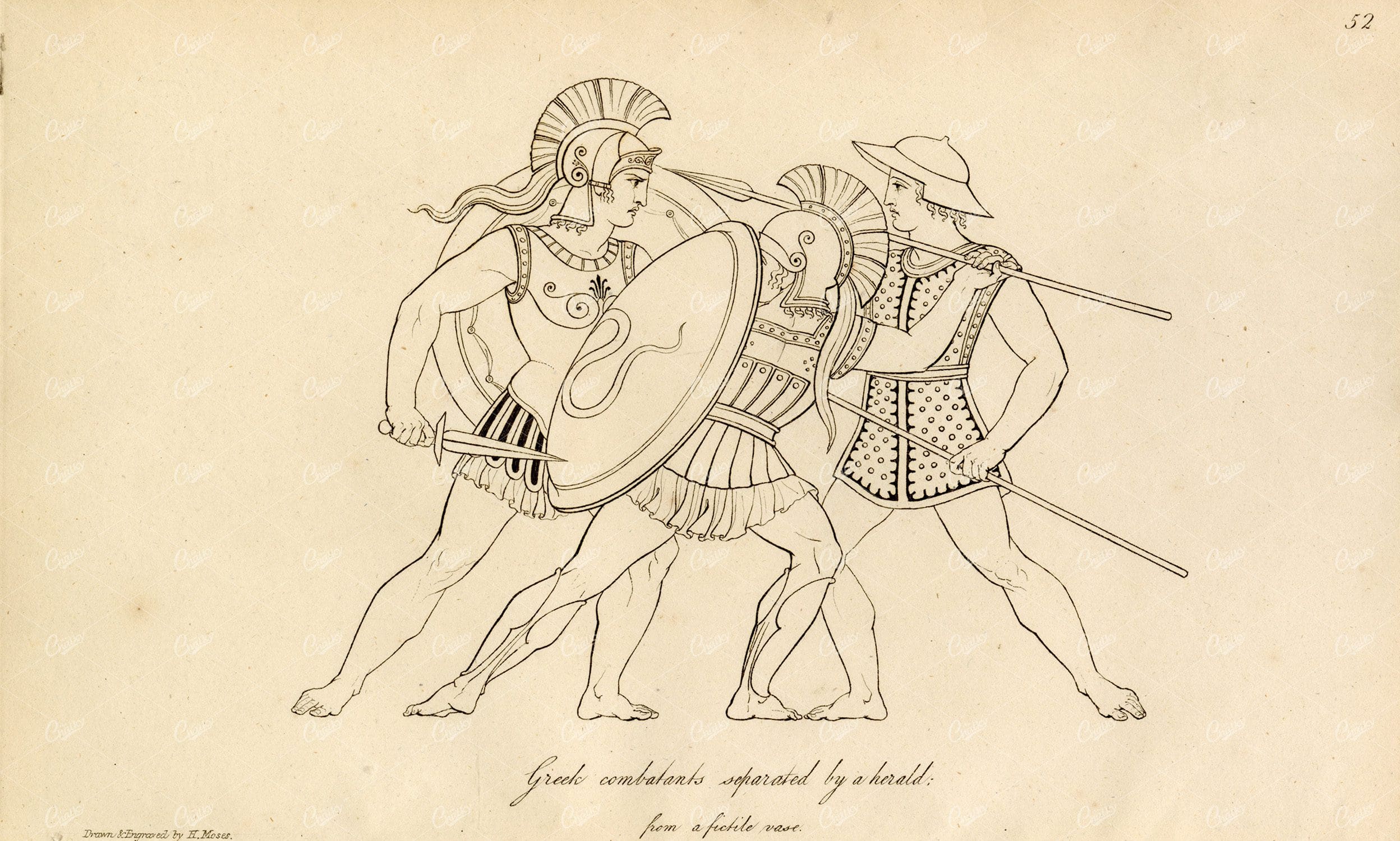 ANTIQUE Ancient Costume Print - Greek Warriors in Combat