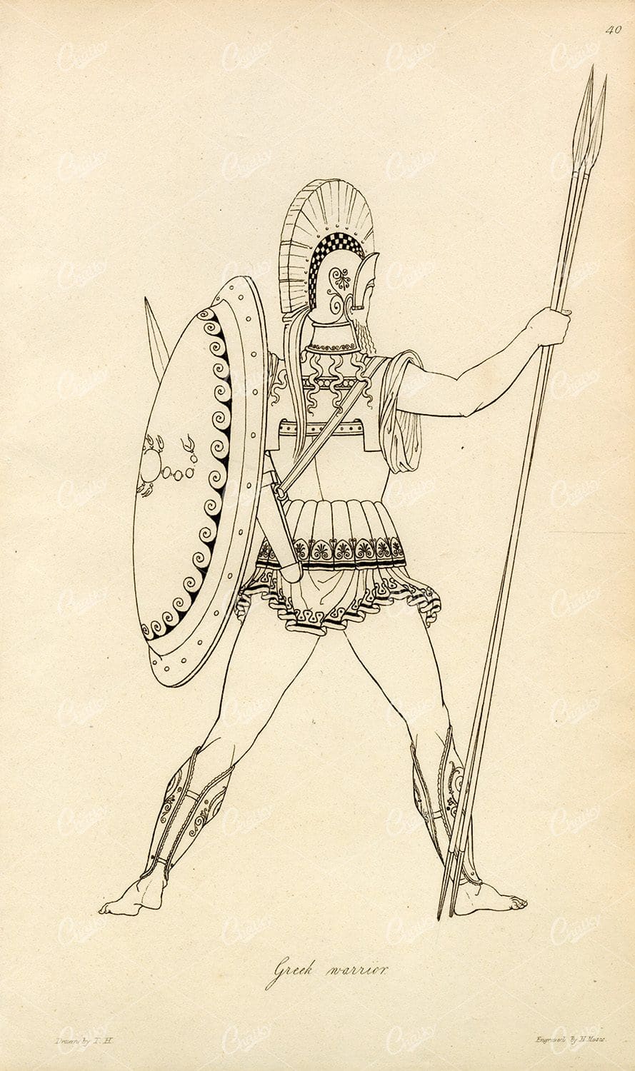 ANTIQUE Ancient Costume Print - Greek Warrior