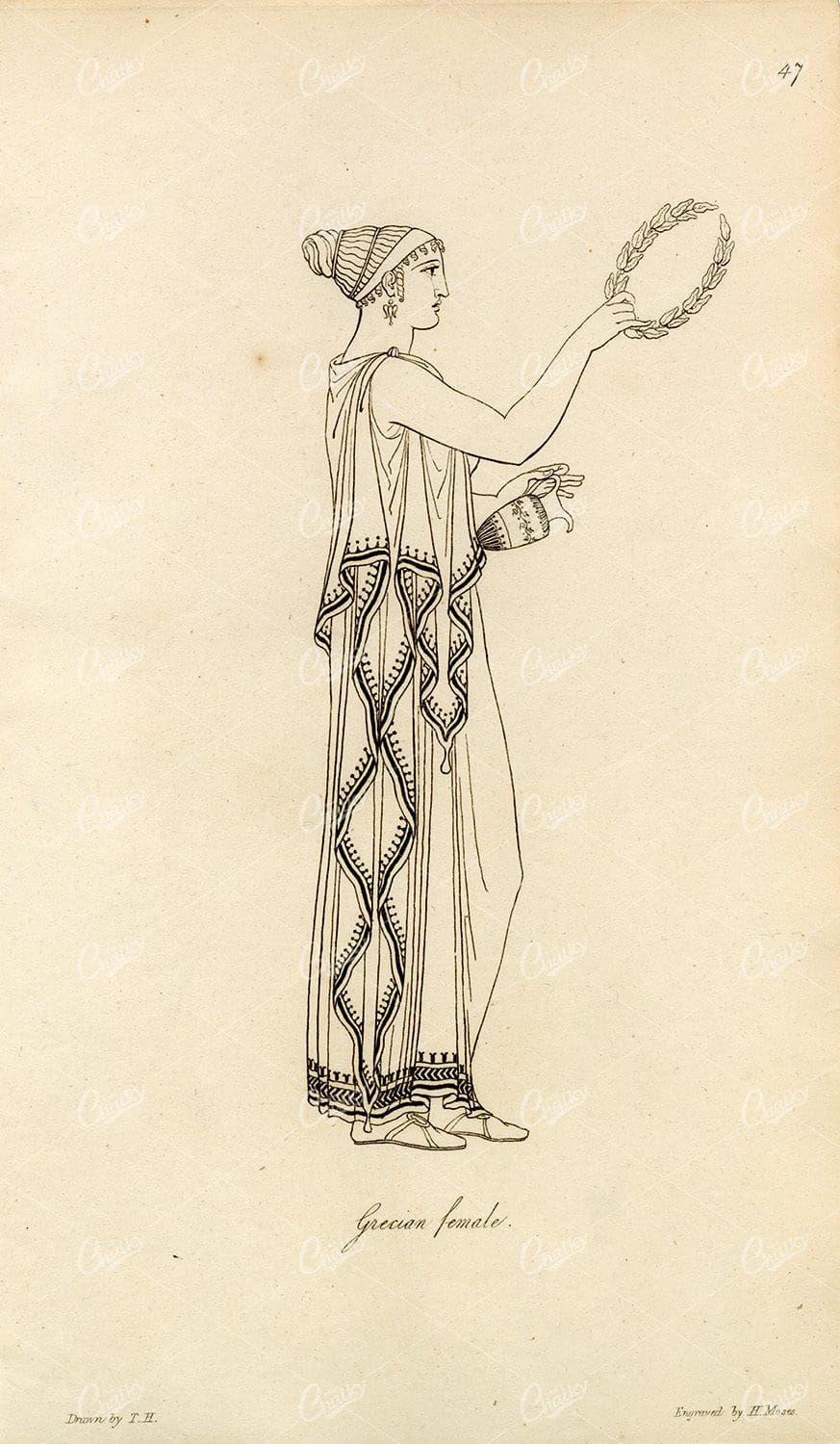 ANTIQUE Ancient Costume Print - Grecian Female