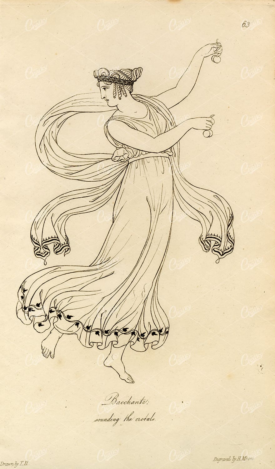 ANTIQUE Ancient Costume Print - Greek Mythology Bacchante