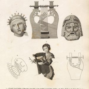 ANCIENT Musical Instruments & Masks - Antique 1800s Print