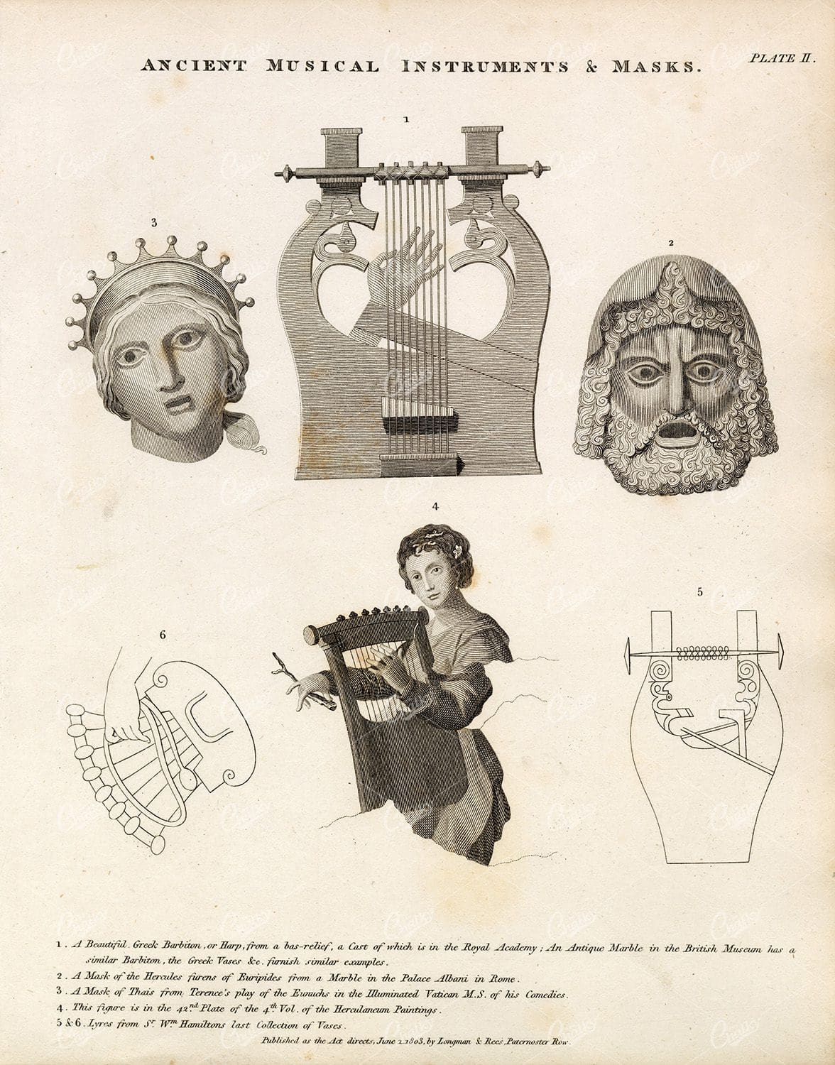 ANCIENT Musical Instruments & Masks - Antique 1800s Print