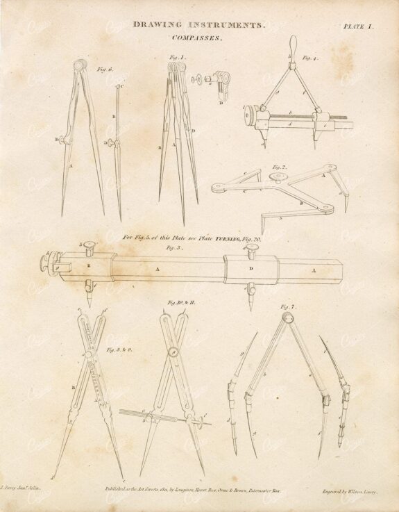 ANTIQUE Drawing Instruments Print - Compasses - 1800s