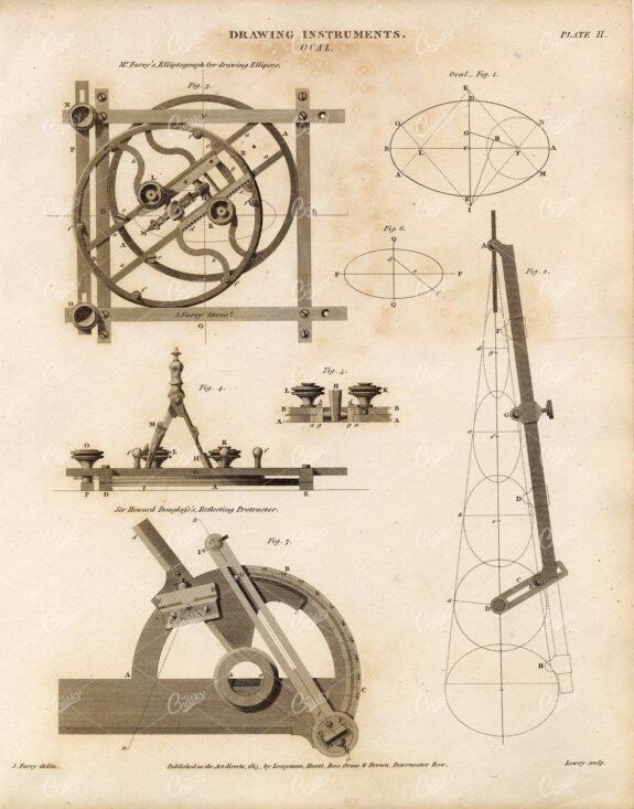 ANTIQUE Drawing Instruments Print - Oval - 1800s Rees' Encyclopedia