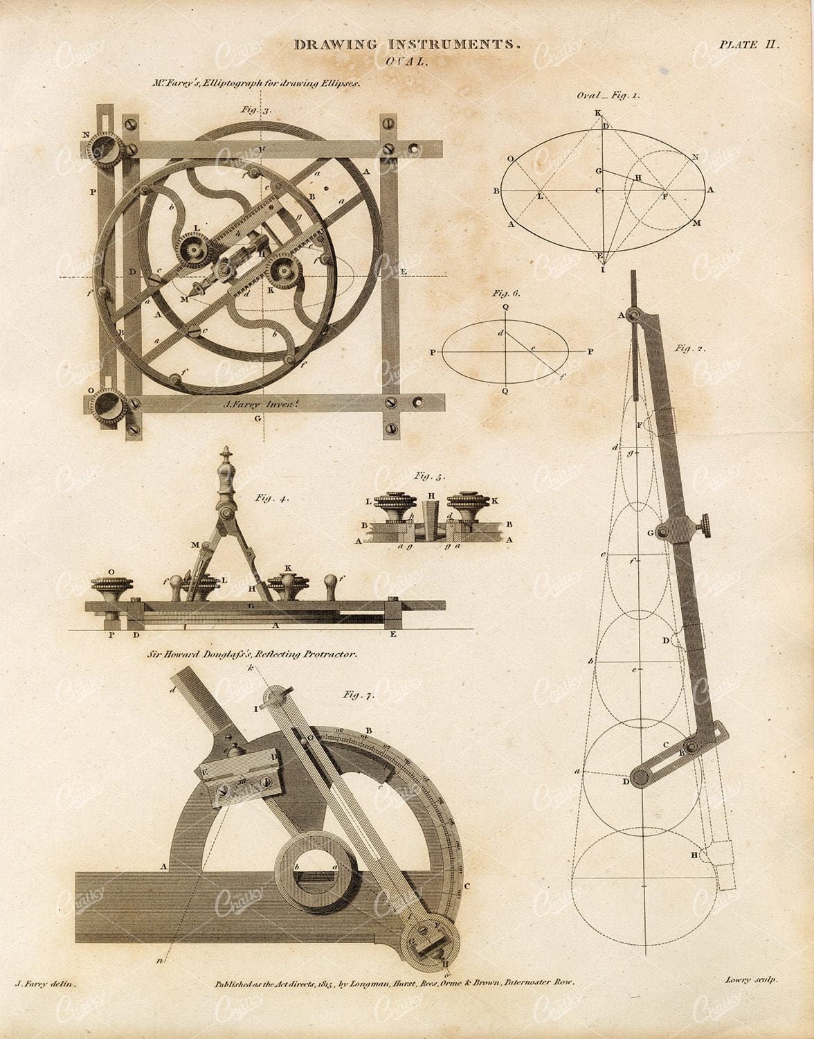 ANTIQUE Drawing Instruments Print - Oval - 1800s Rees' Encyclopedia