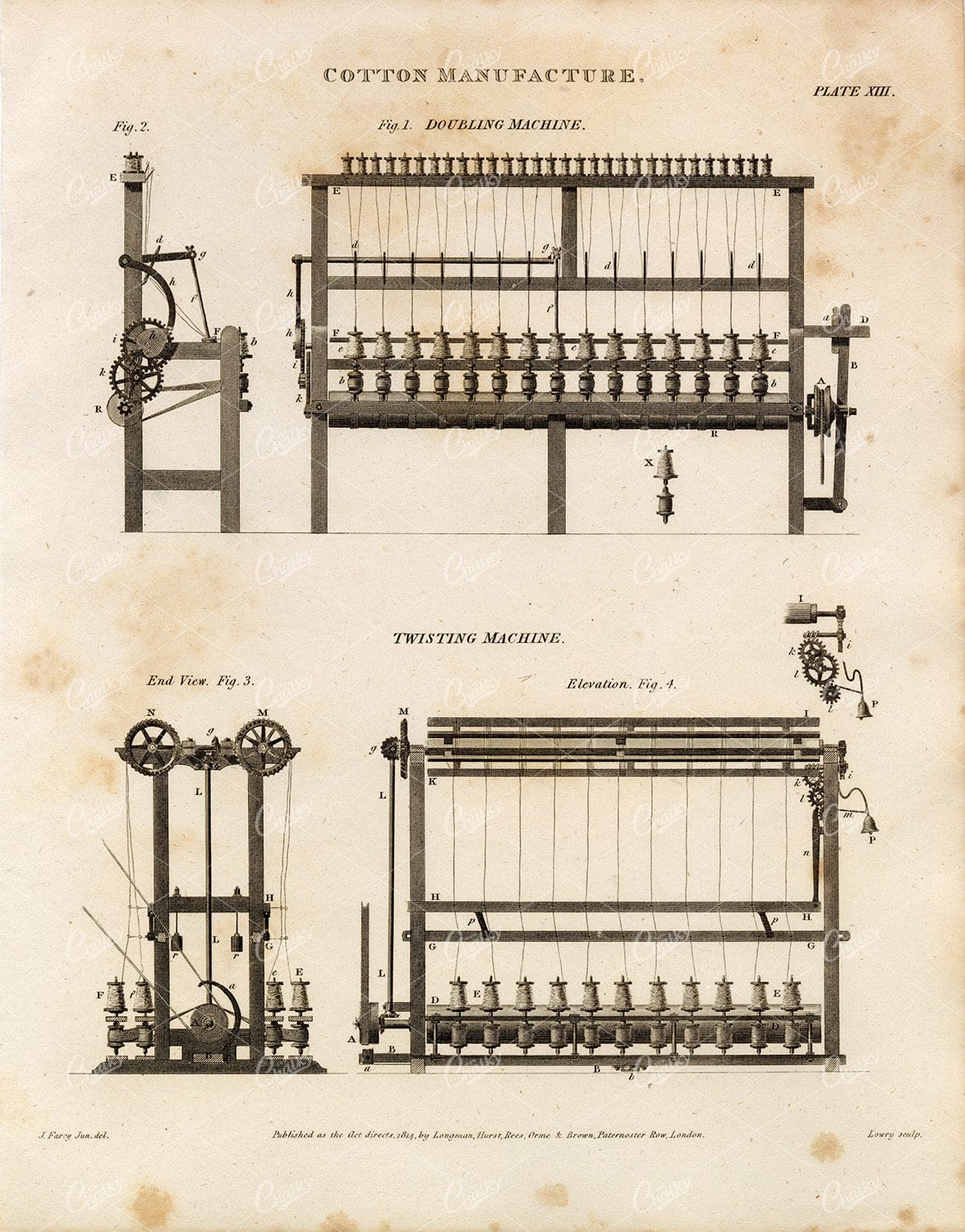 VINTAGE Cotton Manufacture Print - Doubling Machine - 1800s