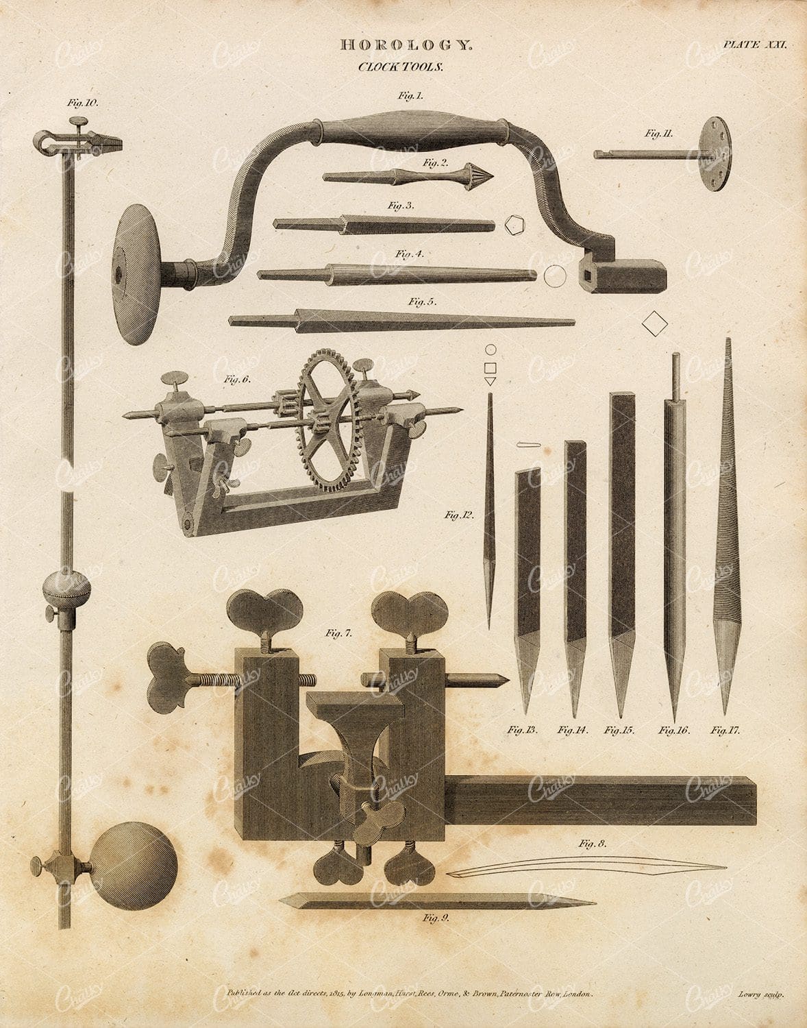 HOROLOGY Clock Tools - Rees' Encyclopedia Vintage Print
