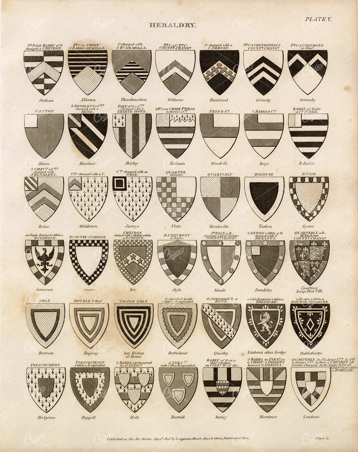 ANTIQUE Heraldry Print - Rees' Encyclopedia 1800s