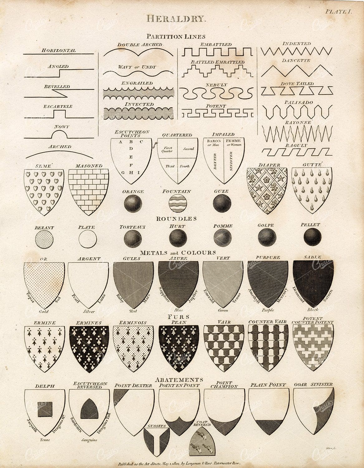 HERALDRY Partition Lines - Vintage Print 1800s
