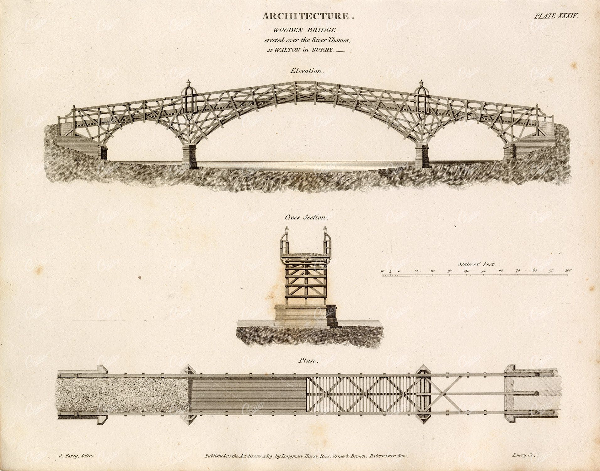 ANTIQUE Architecture Print 1800s - Wooden Bridge (River Thames)