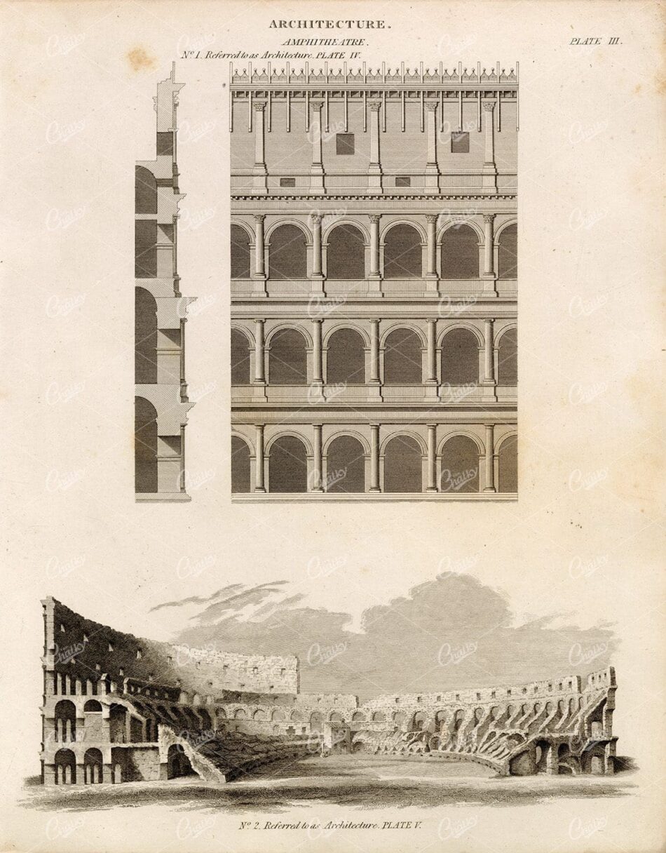 ANTIQUE Architecture Print - Amphitheater - Vintage 1800s