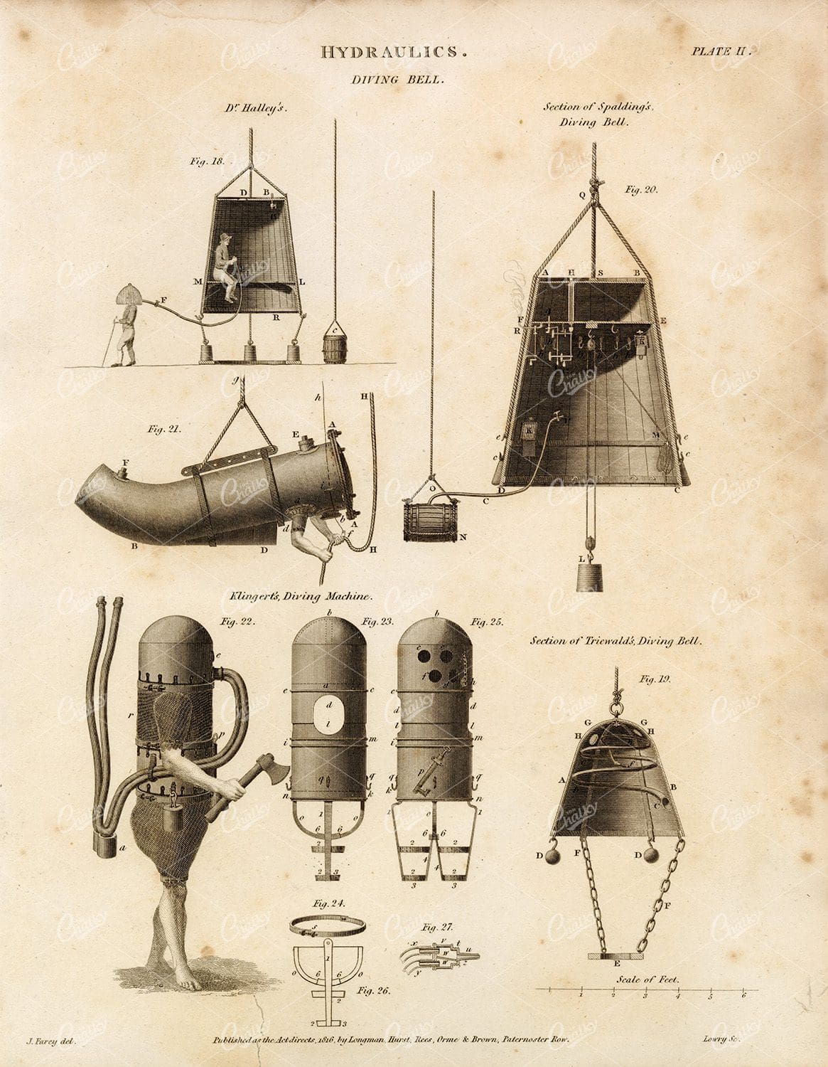 HYDRAULICS Vintage Print 1800s - Diving Bell - Rees' Encyclopedia