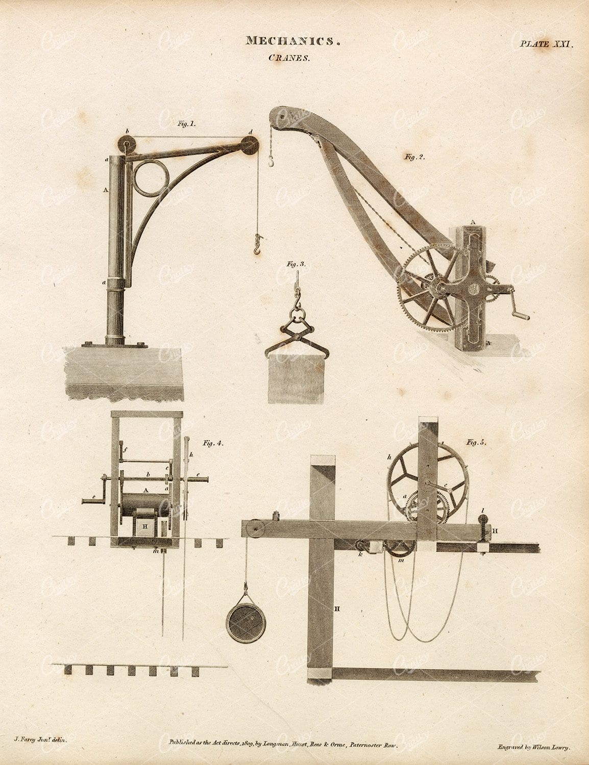 MECHANICS Vintage Print - Cranes -  1800s Rees' Encyclopedia