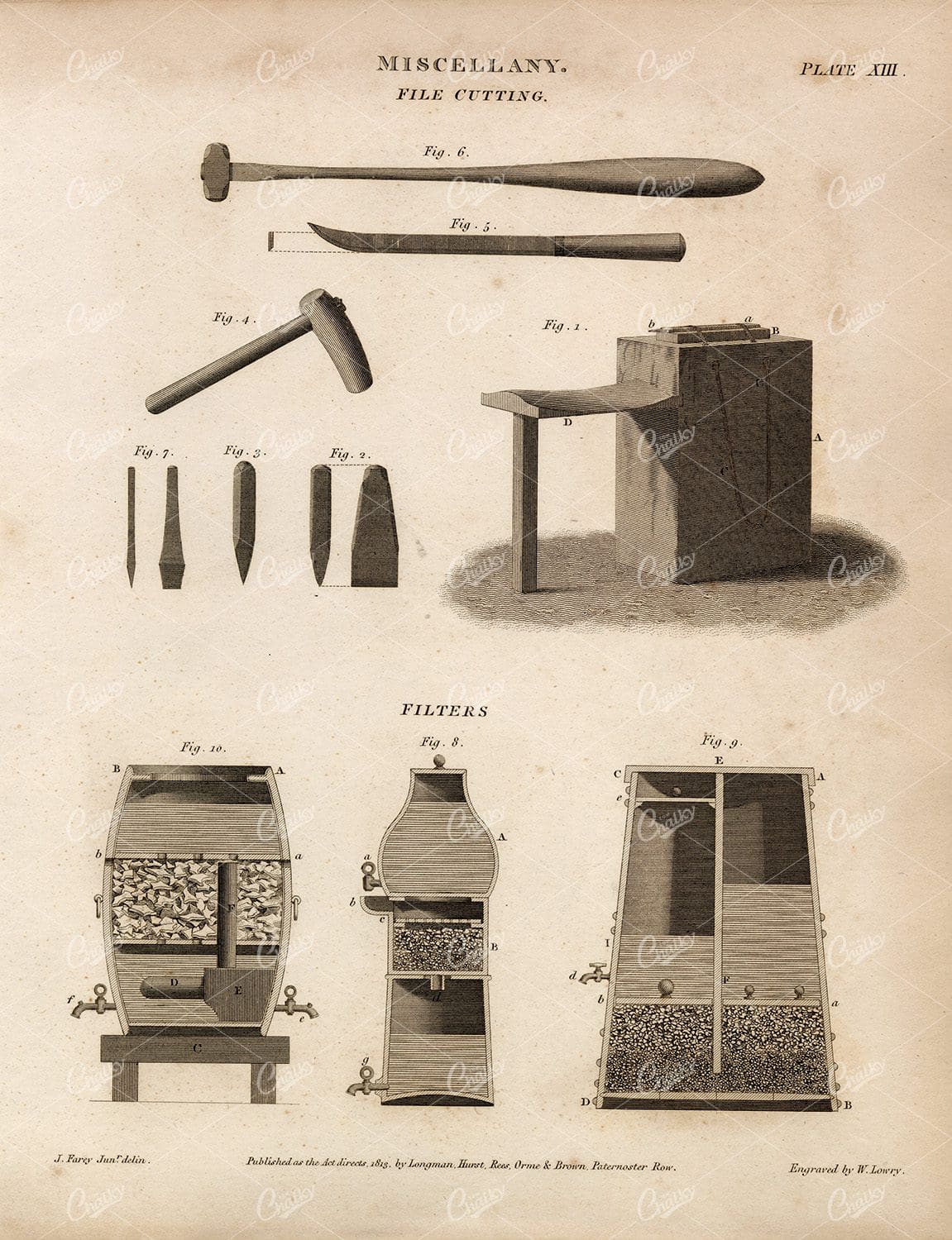 ANTIQUE Miscellany Print - File Cutting - Filters - 1800s