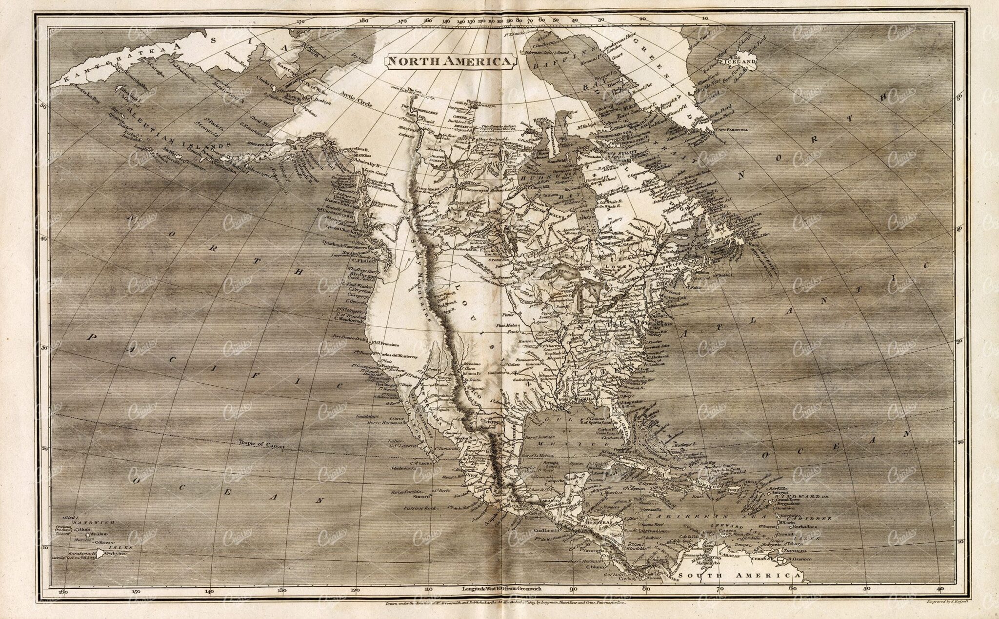 ANTIQUE Map of North America - Rees' Encyclopedia 1800s