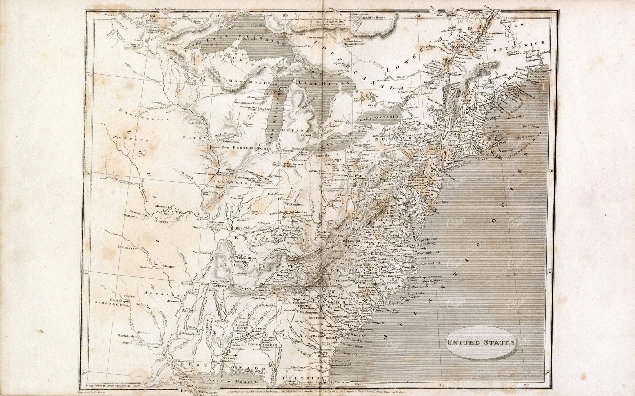 ANTIQUE Map of the United States - 1800s Rees' Encyclopedia