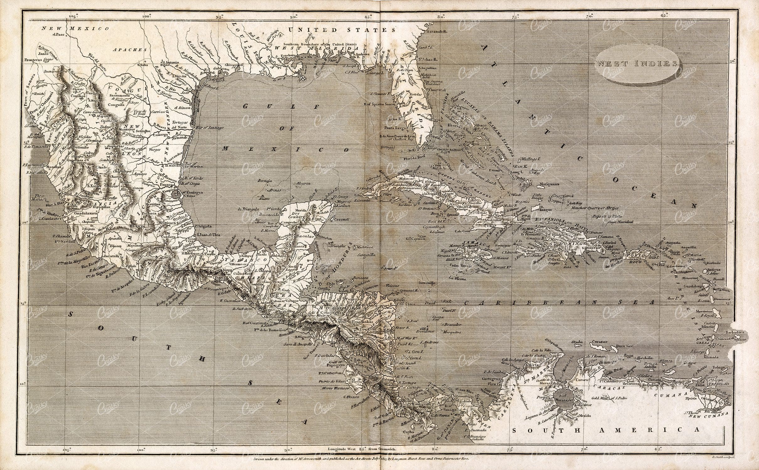 ANTIQUE Map of the West Indies - Rees' Encyclopedia 1800s