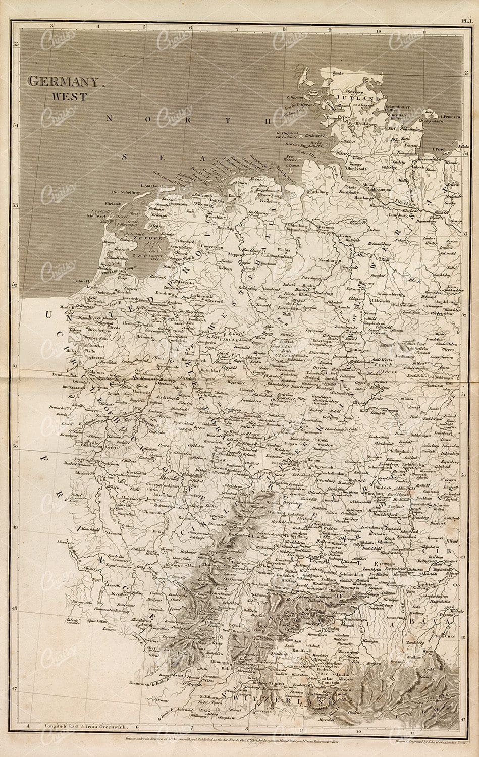 VINTAGE Map of Germany-West - 1800s Rees' Encyclopedia