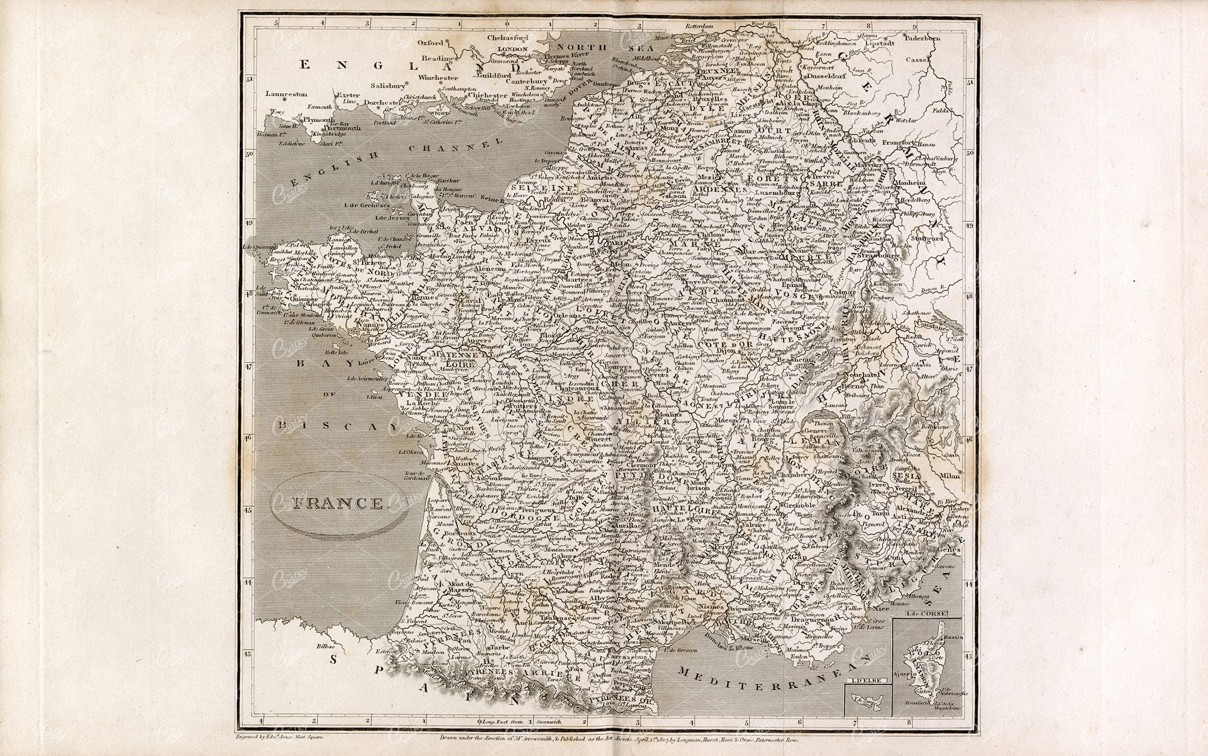 VINTAGE Map of France - Rees' Encyclopedia 1800s