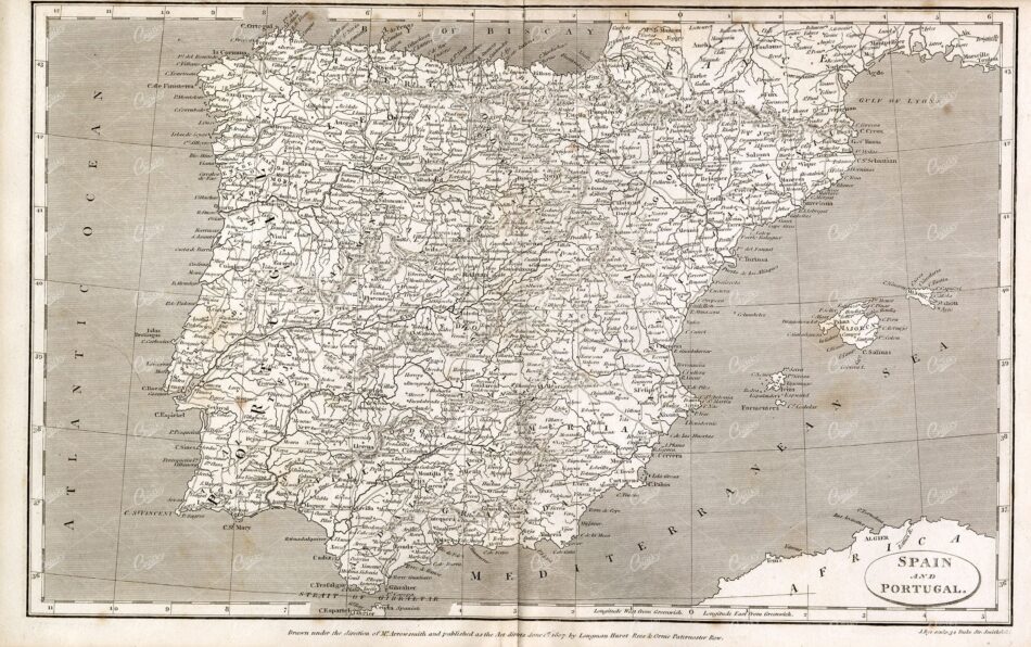 VINTAGE Map of Spain and Portugal - Rees' Encyclopedia 1800s