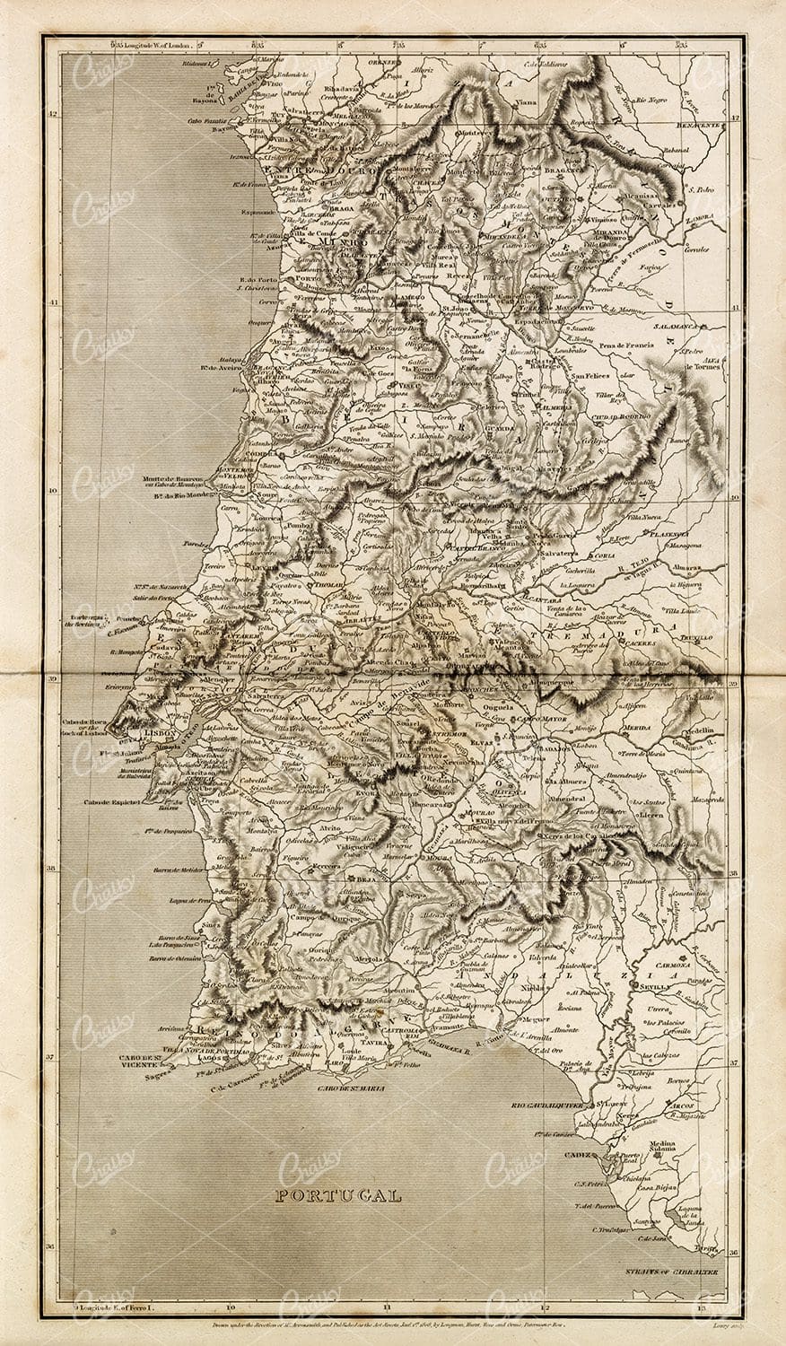 VINTAGE Map of Portugal - 1800s Rees' Encyclopedia