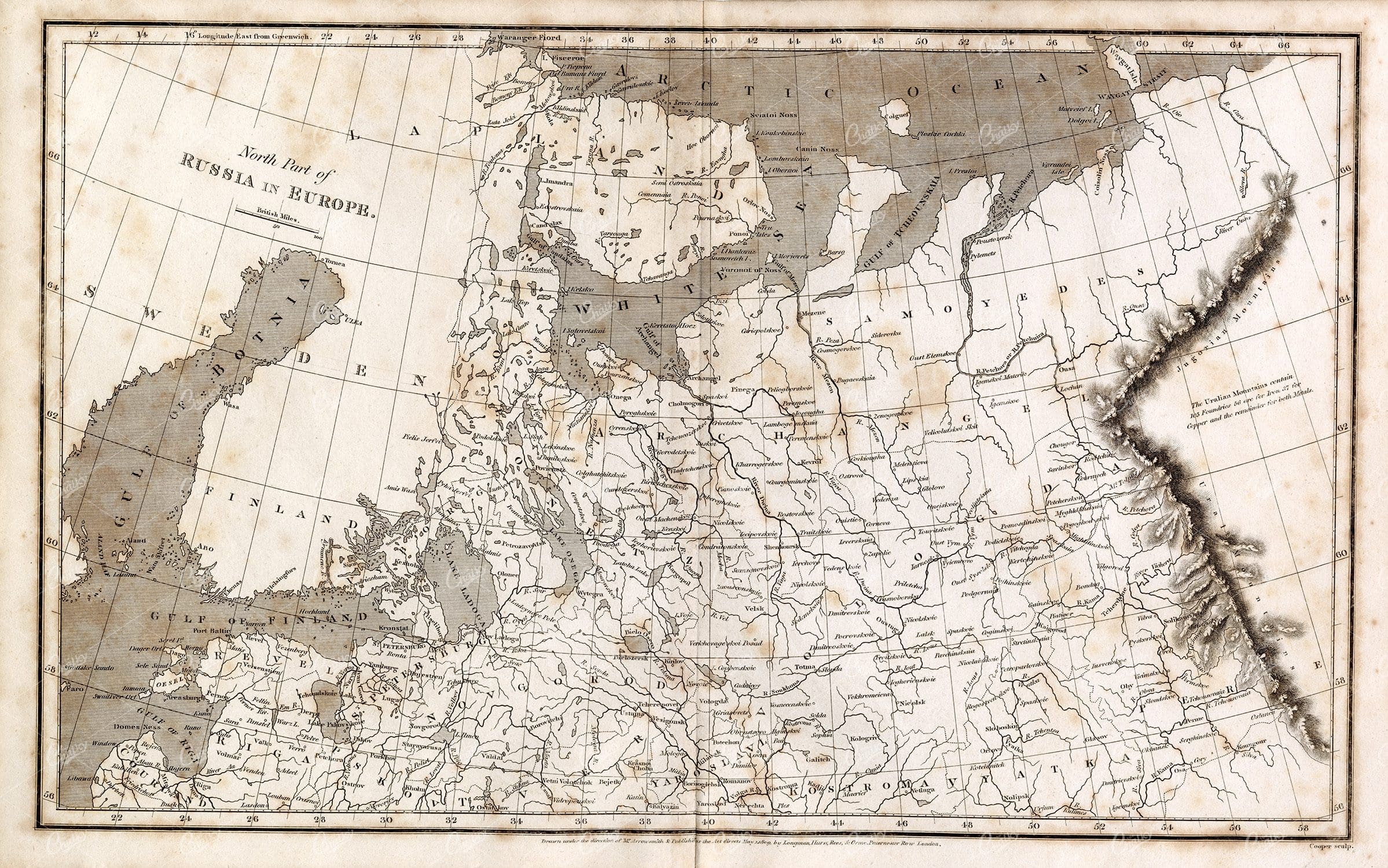 VINTAGE Map 1800s - North Part of Russia In Europe