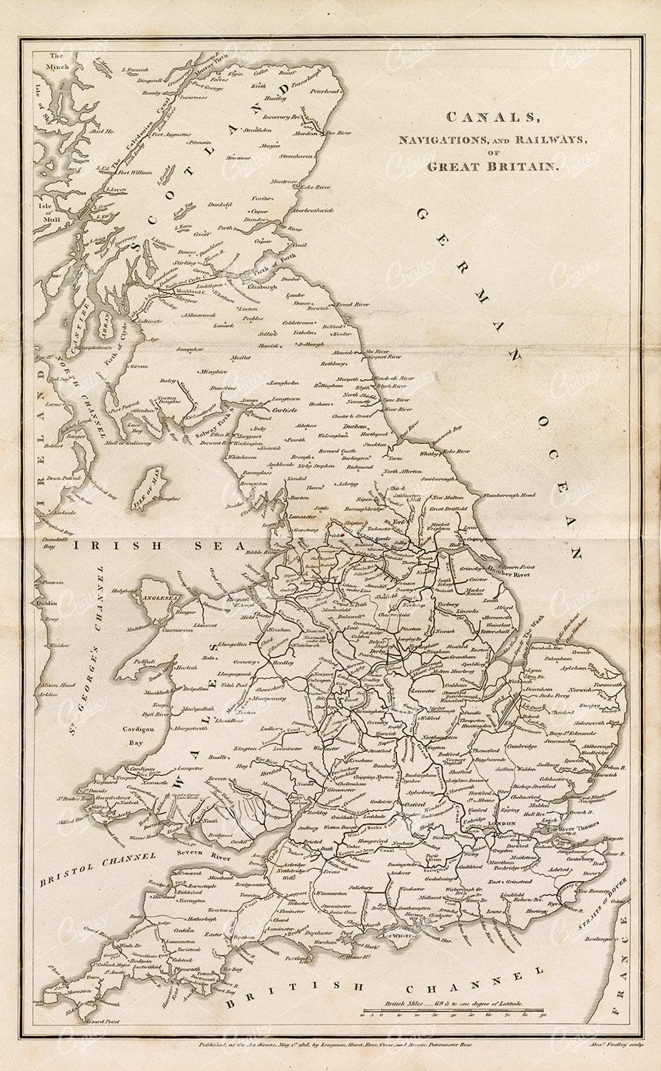 1800s Vintage Map of Canals, Navigations and Railways of Great Britain