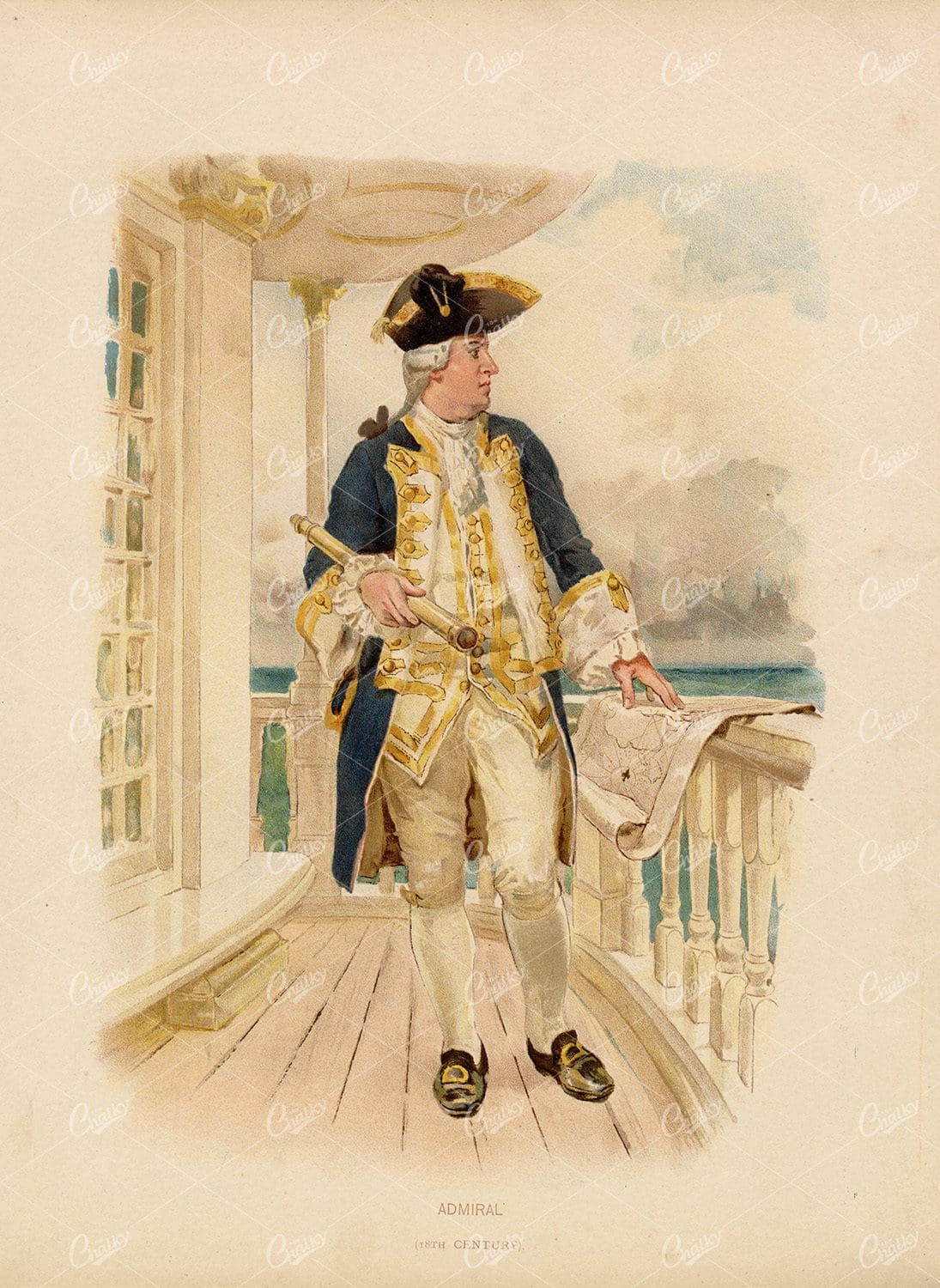 ANTIQUE Naval Print of an 18th Century Admiral - Vintage 1892