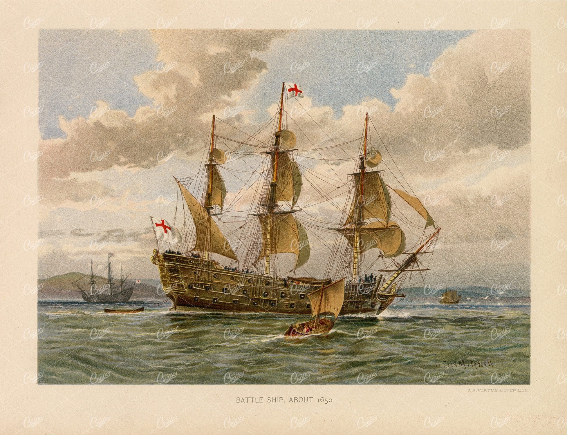 BATTLESHIP - Her Majesty's Navy - Antique Naval Print 1892