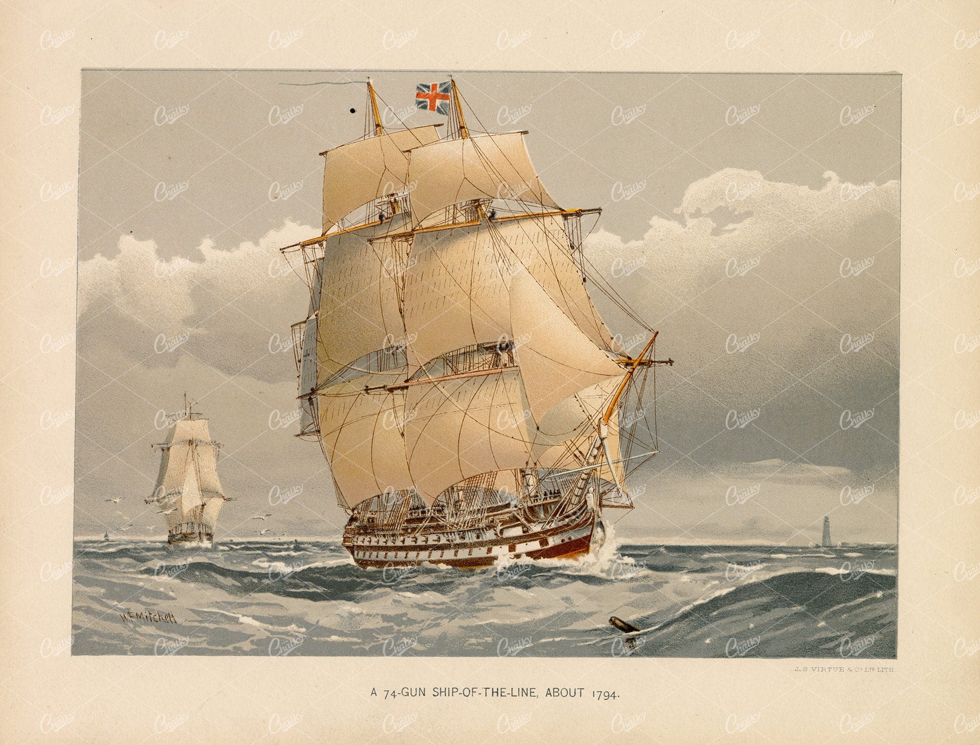 VINTAGE 1892 Naval Print of a 74-Gun Ship-of-the-Line
