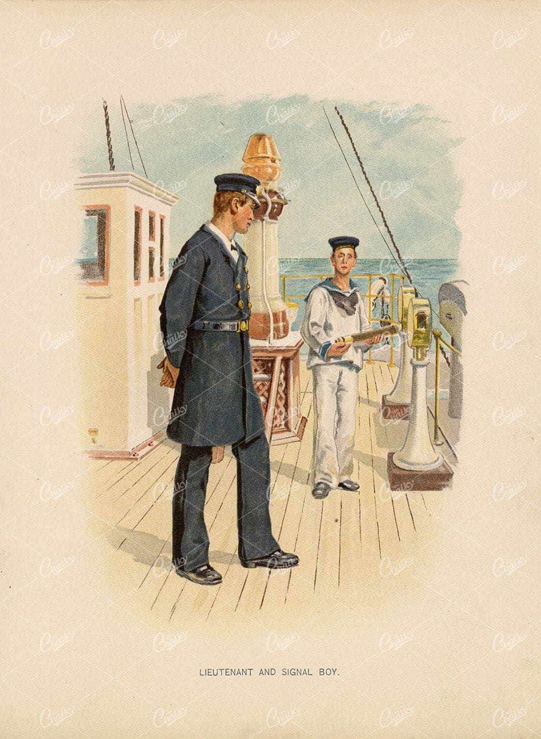 VINTAGE Naval Print - Lieutenant and Signal Boy - 1892