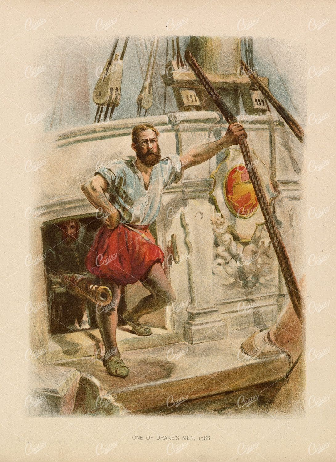 VINTAGE Naval Print - One of Drake's Men 1588 - Antique 1892