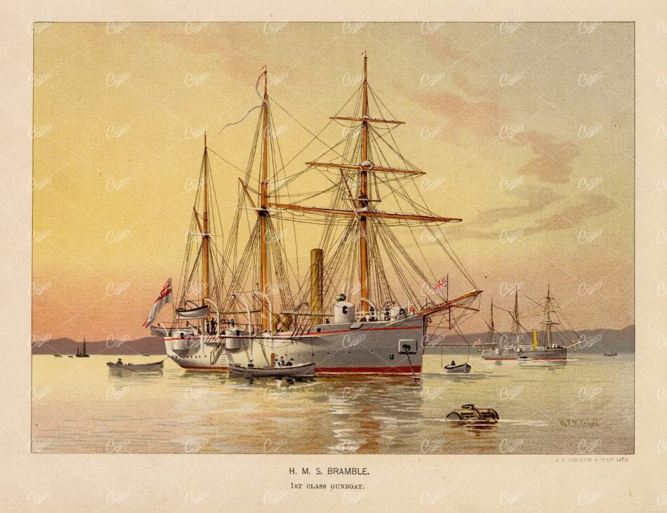 H.M.S.BRAMBLE 1st Class Gunboat - Vintage 1892 Naval Print
