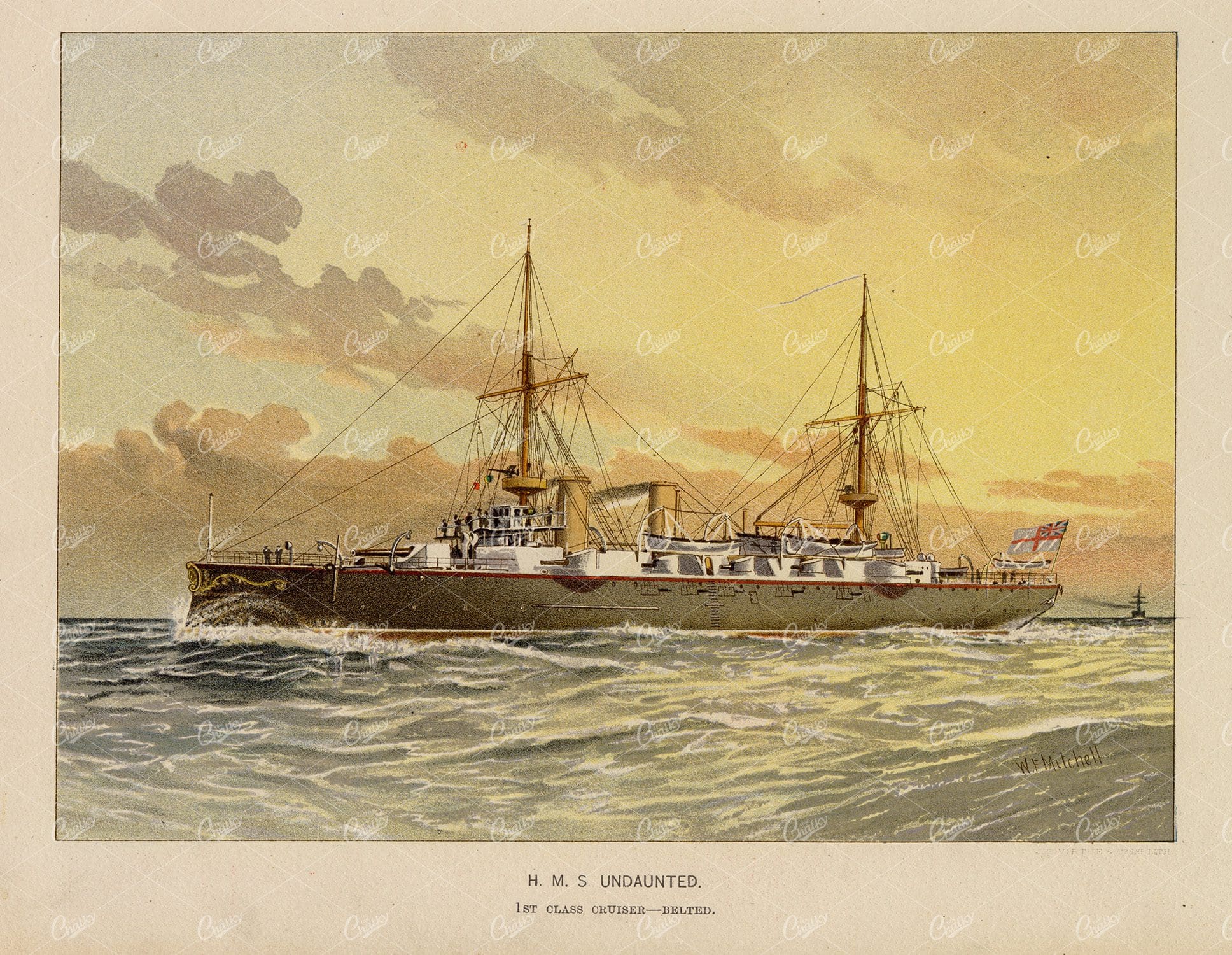 H.M.S. "UNDAUNTED," 1st Class Cruiser - Belted - Vintage Print 1892