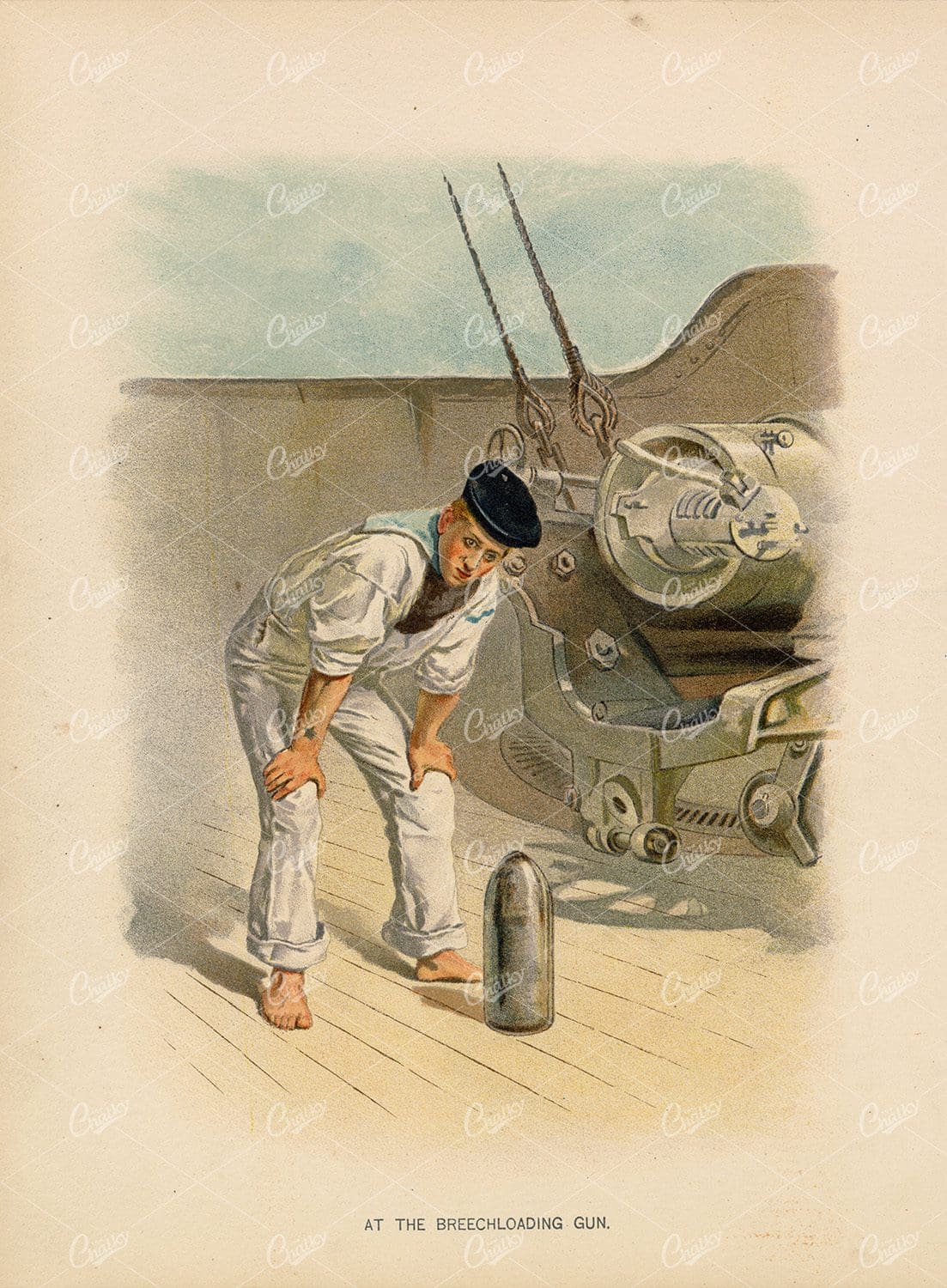 VINTAGE Naval Print - At The Breechloading Gun. Her Majesty's Navy