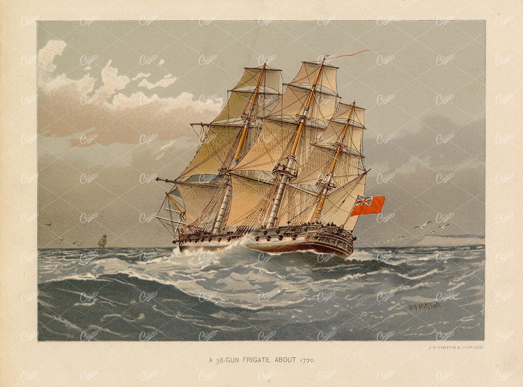 ANTIQUE Print of a 38-Gun Frigate - Her Majesty's Navy 1892