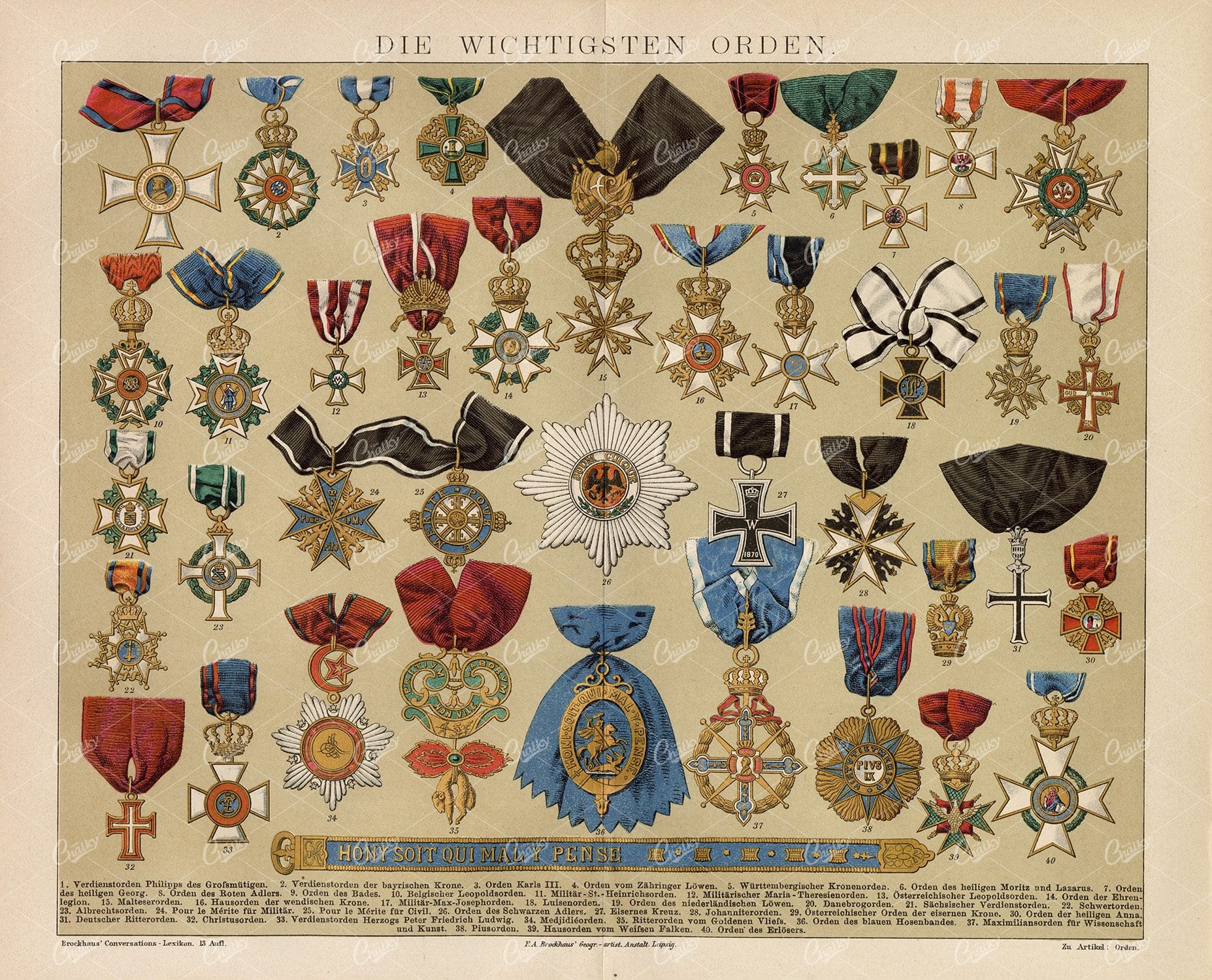 VINTAGE German Medals - The Main Orders - 1882 Antique Print