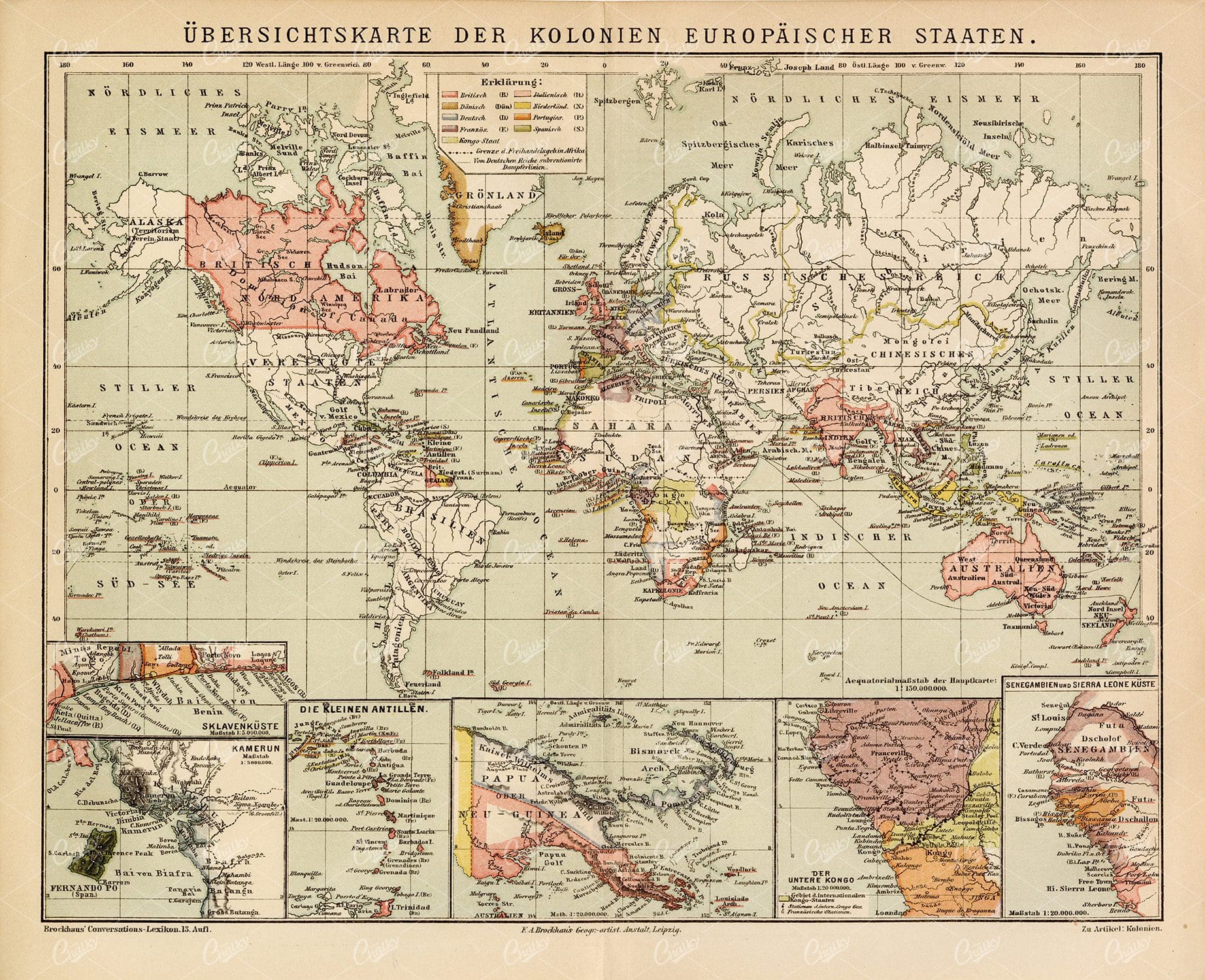 1882 Vintage Map of the Colonies of the European States