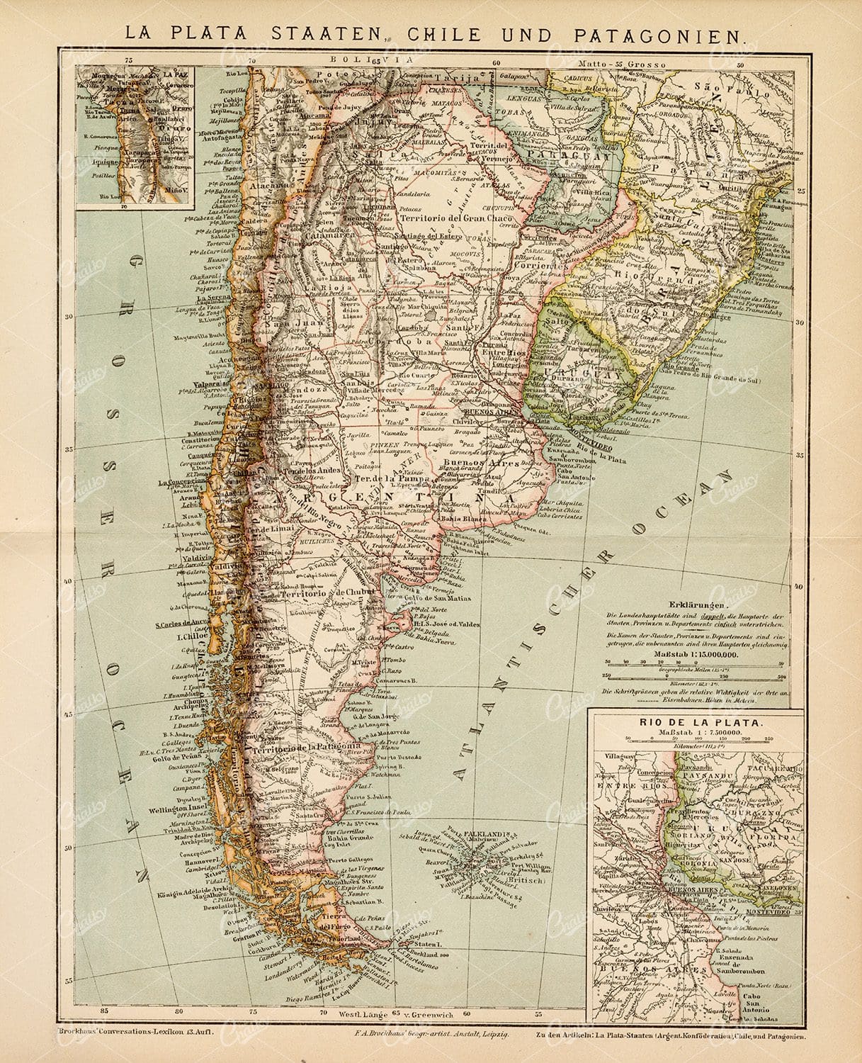 VINTAGE 1882 Map - Chile and Patagonia - Old German Encyclopedia